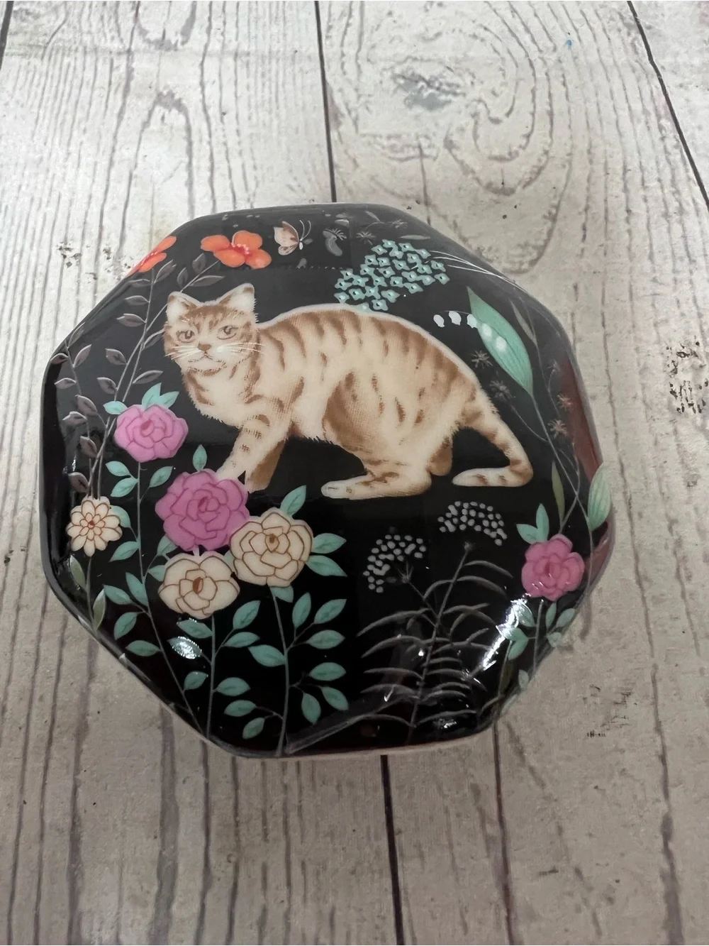 Vintage Orange Tabby Cat Flower Porcelain Octagon Trinket Box Action Made Japan
